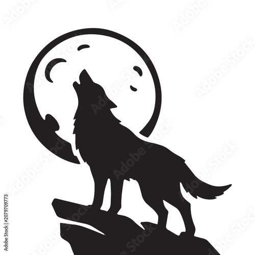 Wolf howling at full moon on rocky cliff black and white graphic illustration with silhouette