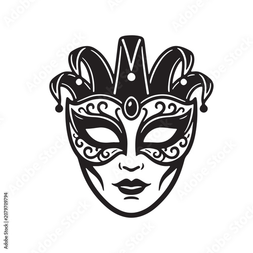 Venetian carnival mask with ornate floral scrollwork detailing in black and white carnival venetian