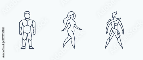 Three stylized human figure outlines representing male female and robot forms in a minimalist design