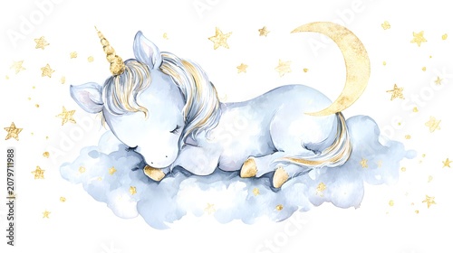 Watercolor Illustration Cute Baby Unicorn Sitting on Clouds. Magical Nursery Unicorn Art with Gold Glitter.