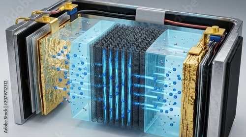 Scientific 3D render of a carbon nanotube membrane inside a battery cell, with lithium ions streaming through aligned nanopores, translucent electrolyte layers, and gold electrode sheets.