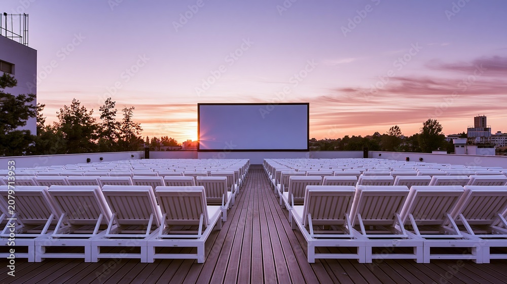 Fototapeta premium Outdoor movie theater rows of lounge chairs set up for viewing under a twilight sky. Rooftop cinema setting presents a calm atmosphere for nighttime entertainment