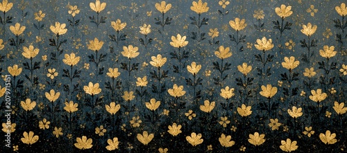golden and navy floral pattern in wide format