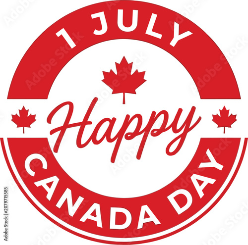 Happy Canada Day celebration emblem with maple leaves and text