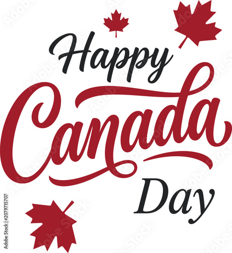 Happy Canada Day celebration text with maple leaves design
