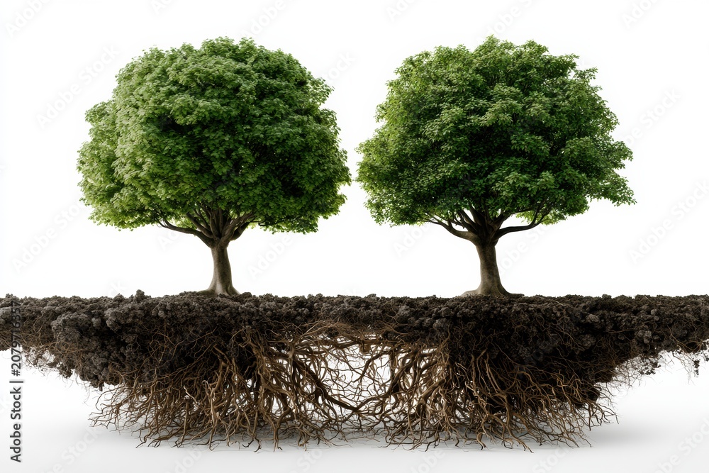 Fototapeta premium Two trees share roots, symbolizing the mind-gut connection in nature.
