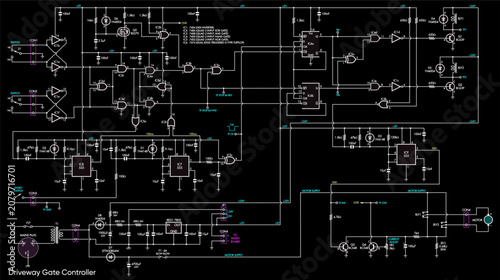 Schematic diagram of electronic device 
on paper sheet. Vector drawing electrical circuit with 
integrated circuit of trigger, logic element, transformer, motor,
capacitor, resistor, transistor, led.