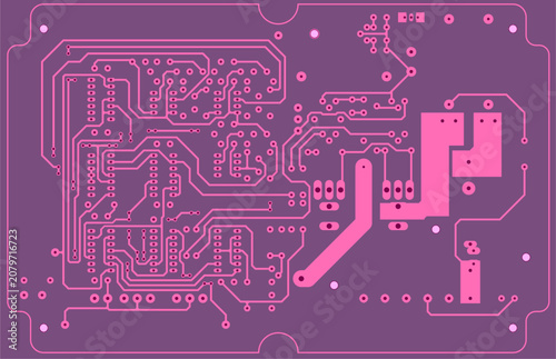 Tracing conductors of printed circuit board
of electronic device. Vector engineering technical
drawing. Pcb template. Electric background.
Computer technic cad design.