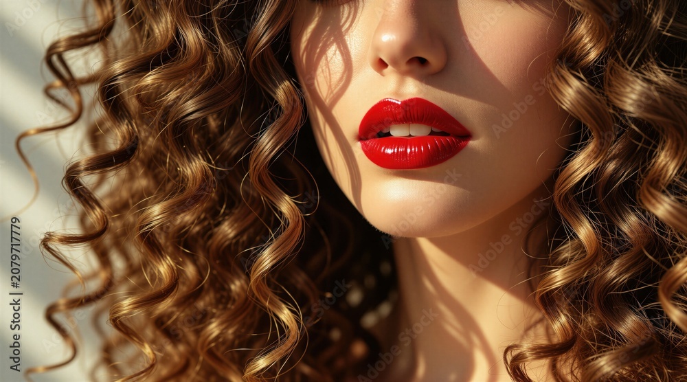 Fototapeta premium Woman with voluminous curly brown hair and bright red glossy lips. Sunlit face detail showcases makeup and skincare. Natural beauty and healthy shine captured.