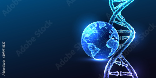 DNA Double Helix Human Genome Globe Bioinformatics Global Genetics Glowing Blue Polygonal Vector