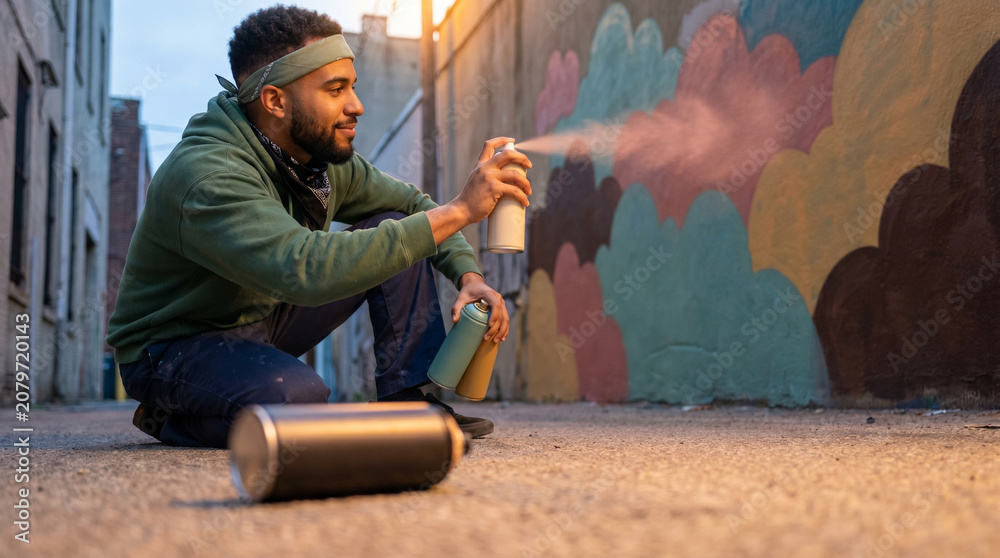 Fototapeta premium African American man painting graffiti art - Young man spray painting a colorful mural in urban alleyway 