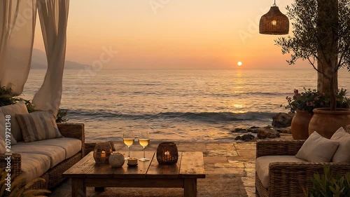 Luxury seaside lounge at sunset with cozy cushions and candles overlooking the ocean, creating a serene Mediterranean relaxation and vacation atmosphere.