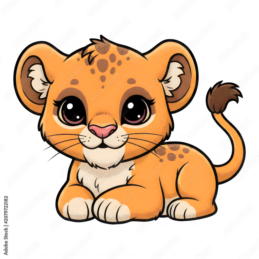 Fototapeta premium Cute cartoon lion cub sitting with a cheerful expression isolated on transparent background