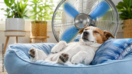 Dog staying cool in front of electric fan during extreme heat and heat dome event, indoor pet safety in record breaking temperatures, climate change summer weather and heat emergency