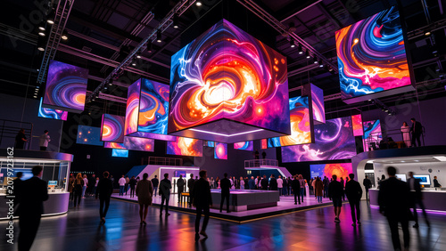 Futuristic exhibition hall with large digital displays