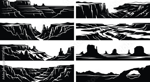 Black and White Silhouette Collection of Desert Canyon Landscapes Featuring Cliffs, Mesas, Valleys, Arches, and Rock Formations