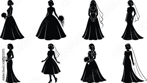 Black Silhouette Collection of Brides Featuring Wedding Dresses, Veils, Bouquets, and Elegant Bridal Fashion Poses