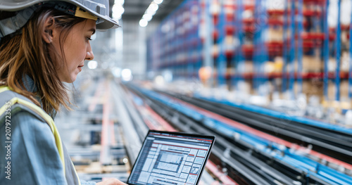 Young Woman Uses Laptop In Warehouse To Manage Inventory
