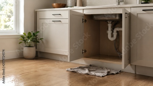 Water Leak Under Kitchen Sink with Wet Cloth on Wooden Floor