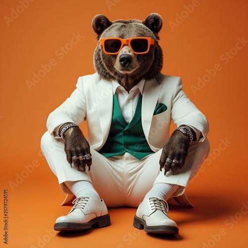 Bear in suit and sunglasses posing confidently against orange background  