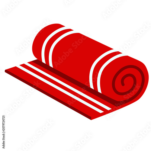 Red rolled towel with white stripes perfect for pool accessories, beach gear, swimming facilities, and summer recreation with flat vector style.