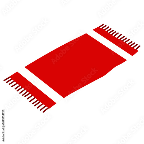 Red beach towel with fringe ideal for pool lounging, beach activities, sunbathing, and summer relaxation with flat vector illustration style.