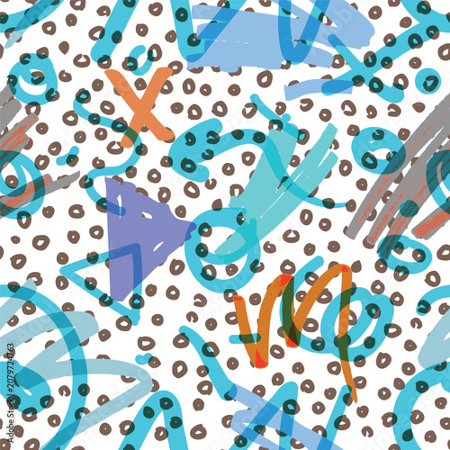 Seamless vector pattern in Memphis style with bold geometric shapes, bright colors, and playful abstract elements. Retro 80s design perfect for textiles, backgrounds, and modern graphic projects.