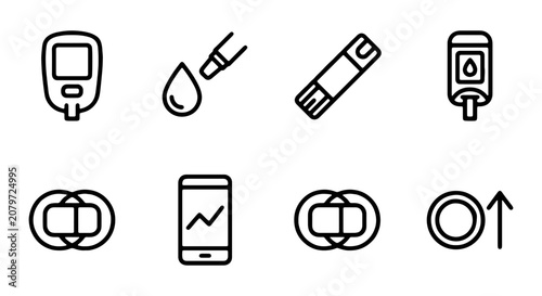 Foto Diabetes Monitoring Icons, Blood Glucose Meter Set, Medical Health Symbols, Vect
