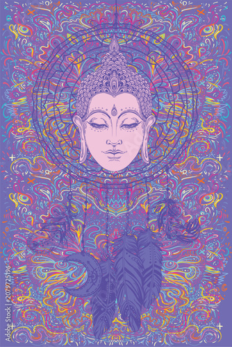 Vector illustration combining Sri Yantra sacred geometry with Buddha figure. Spiritual composition symbolizing meditation, balance, and enlightenment in a mystical New Age and Eastern philosophy