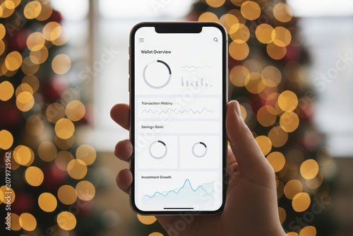 Hand holding a smartphone displaying a financial management app