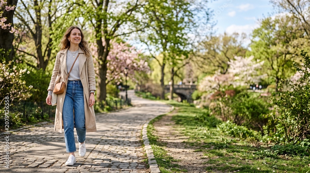 Fototapeta premium Woman walking on cobblestone path in park during spring with blooming cherry trees and lush greenery