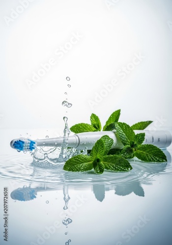 Sleek white toothbrush rests near vibrant mint leaves and crystal clear water splashes on a reflective surface against a bright background, toothbrush, transparent, still life