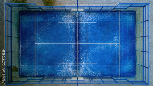 Aerial Top View of Blue Padel Tennis Court with Drone Perspective