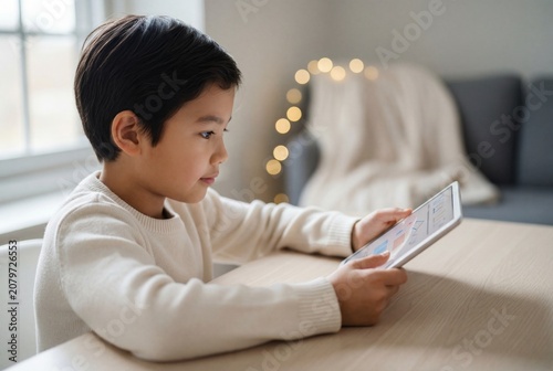 Young boy focused on digital tablet at home