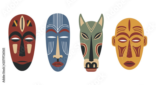 Foto Set of Four African Tribal Masks: Colorful, Decorative, Cultural Art