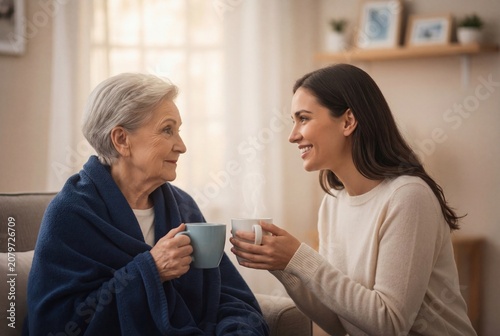 Happy women bonding over warm tea in a cozy home