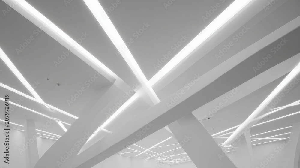 Fototapeta premium Abstract Geometric Illuminated Lines Forming Intersecting Patterns on a Modern Architectural Ceiling