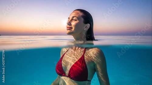 Young woman in red bikini floating in crystal clear ocean water at sunset with golden light reflections