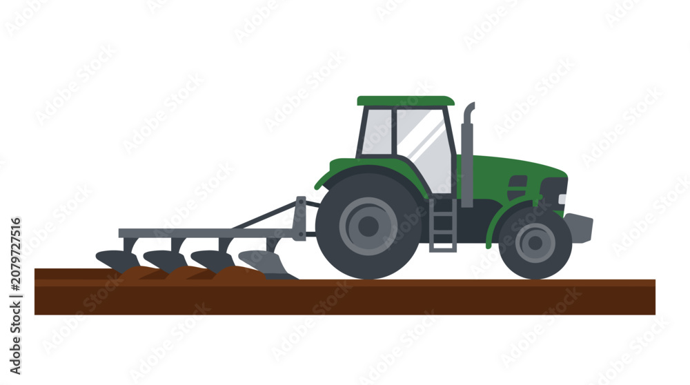 Fototapeta premium Green tractor plowing a field with a multi-furrow plow in a flat design style