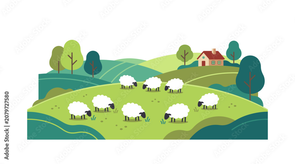 Obraz premium Stylized illustration of a peaceful countryside scene with fluffy white sheep grazing on green rolling hills near a small red house and trees