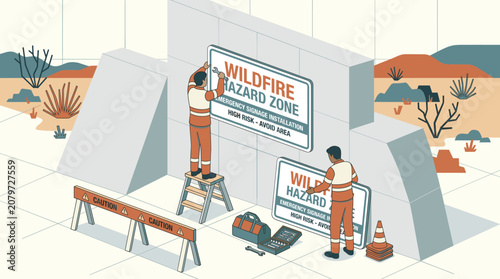 Isometric Workers Installing Wildfire Hazard Warning Signs