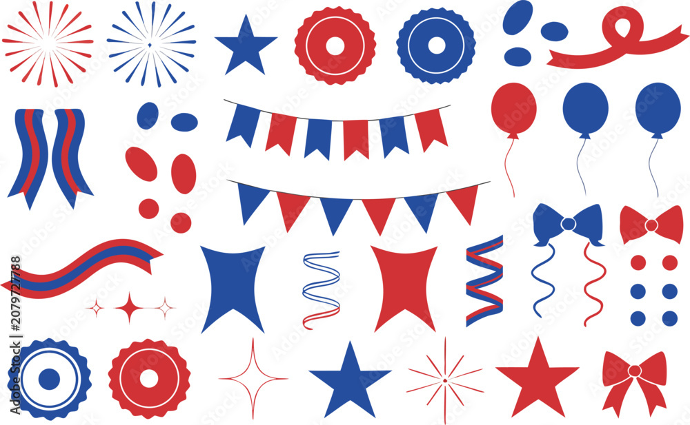 Obraz premium Red and blue patriotic party decoration elements set isolated on transparent background, Vector