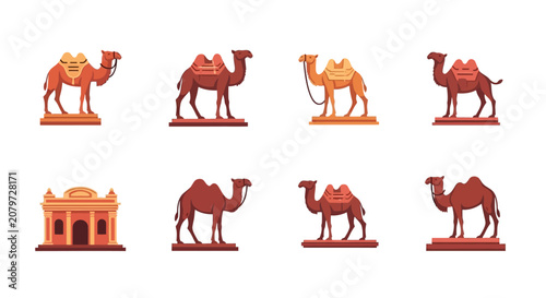 Photos Set of Flat Vector Camel Icons and Desert Architecture
