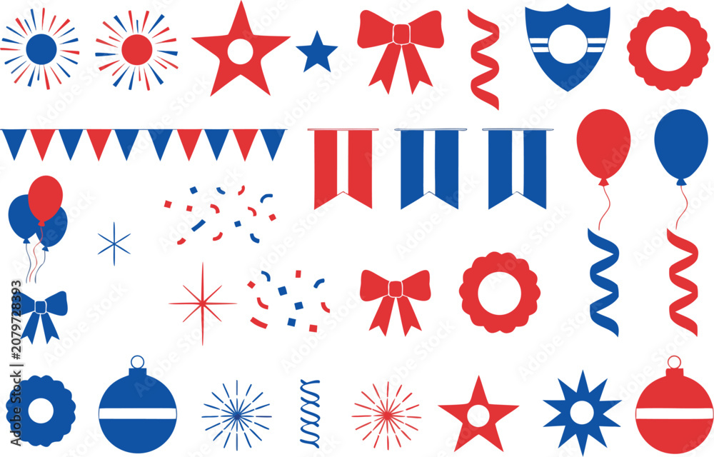 Obraz premium Red and blue celebration party icons and decorations set isolated on transparent background, Vector