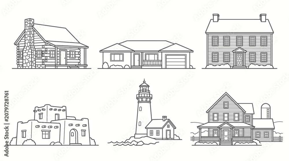 Fototapeta premium Collection of Diverse Architectural House Styles and Residential Buildings on Isolated White Background