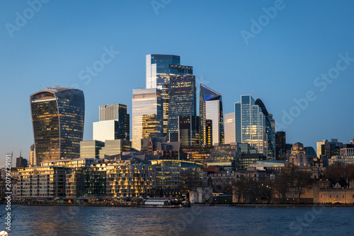 London Skyline at Dusk With Modern Skyscrapers on the River Thames in the City Financial District