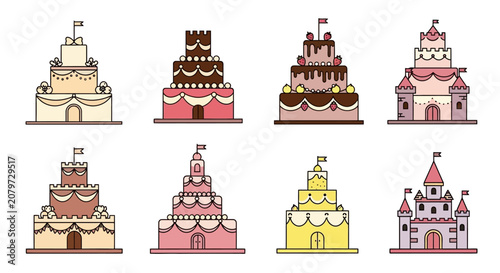 Set of Decorative Castle Cakes and Fortress Pastries