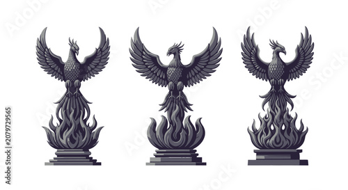 Slika na platnu Set of Phoenix Bird Statues Rising from Fire