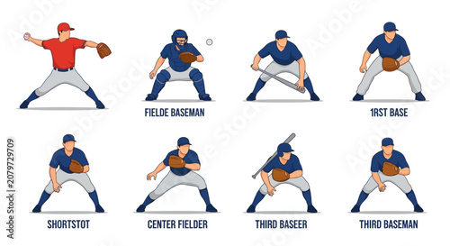 Fotografie Baseball Player Poses: Pitcher, Catcher, Fielders, Basemen - Pixel Art Icons