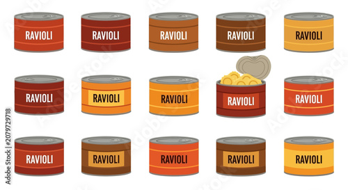 Canned Ravioli Variety: Stacked Rows of Food Cans with Different Labels